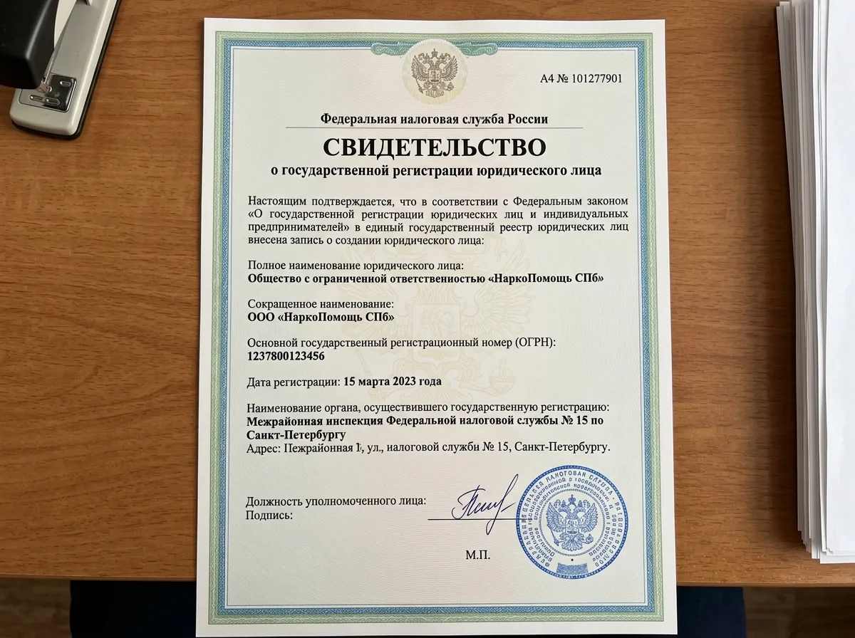 Свидетельство о государственной регистрации юридического лица ООО НаркоПомощь СПб, документ налоговой службы